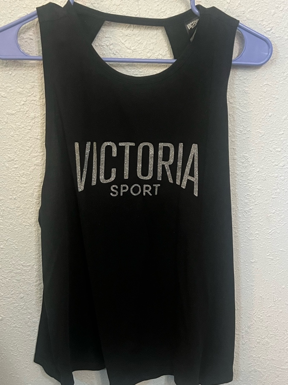 Victoria Sport Black Glitter Logo Open Back Workout Tank Top Size Large